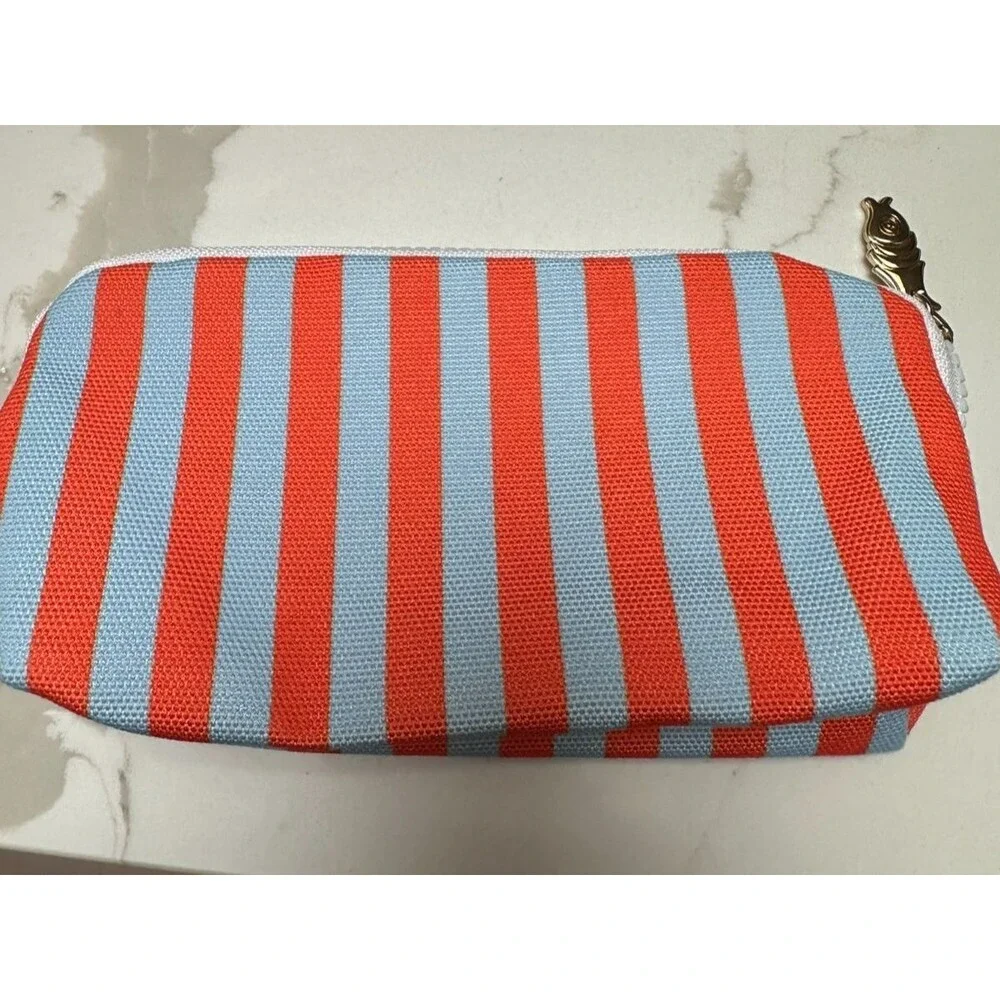 Striped Makeup Pouch Sardine Euro Summer Zip Toiletry Holder Coastal Cabana New